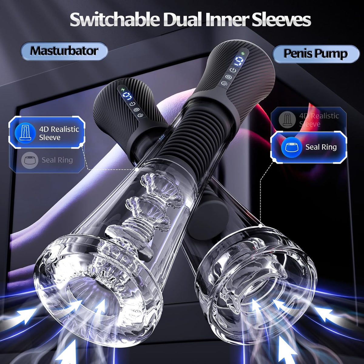 9 Vibrating Spring & 5 Vacuum Suction Penis Pump with 2 Switchable Sleeves