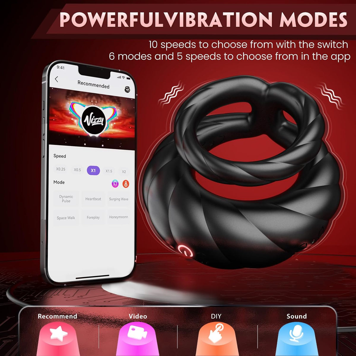 Mighty Grip - 10 Frequency Vibration Dual Limitation Silicone Penis Ring